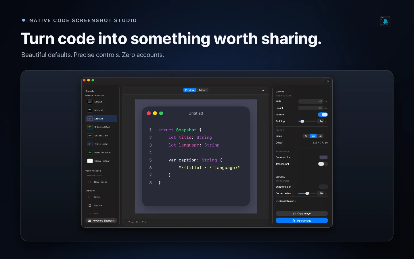 Oktoshot editor showing a Swift snippet styled as a code screenshot