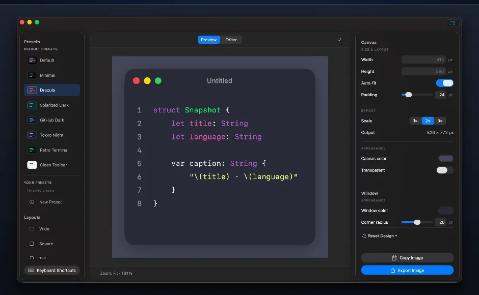 Oktoshot window with a Swift snippet styled as a code screenshot, and canvas and export controls